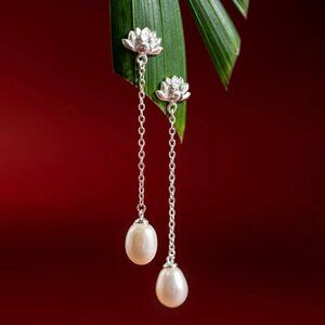 Genuine Freshwater Pearl Earrings Studs 925 Sterling Silver Long Earrings